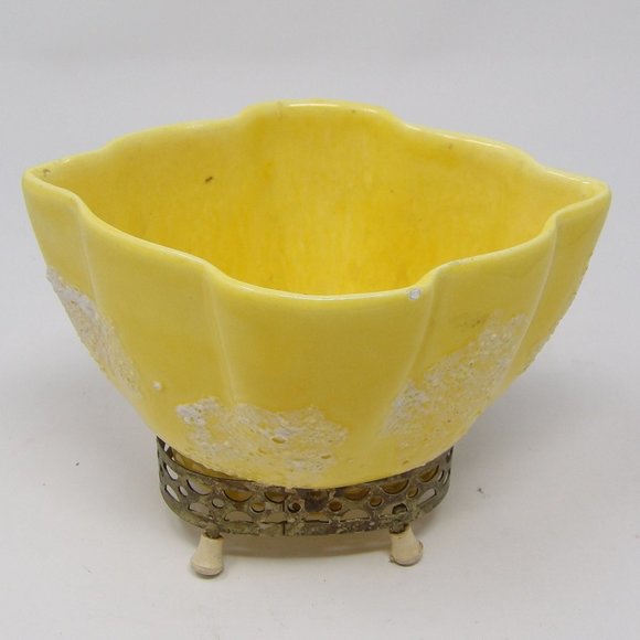 Vintage MCM Mid-Century Modern Yellow Splatter Glaze Vase Planter on Brass Stand - Picture 4 of 10